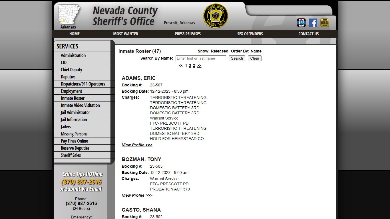 Current Inmates Booking Date Descending - Nevada County Sheriff AR