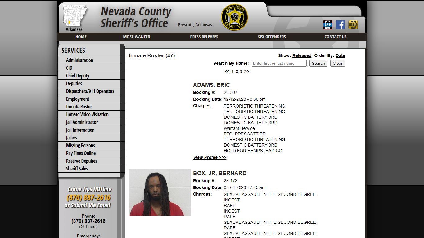 Inmate Roster - Current Inmates - Nevada County Sheriff AR